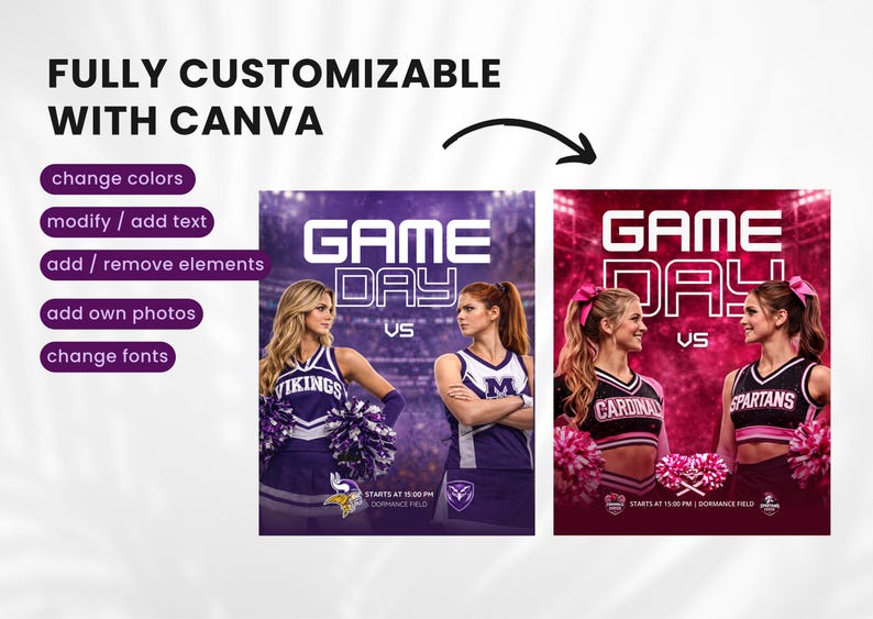 Editable cheerleading Canva templates before and after customization, change colors, text, photos for sports team branding