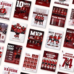 Peut inclure: Plusieurs affiches de hockey rouges et blanches avec des images de joueurs, des listes d'équipes et des détails de matchs. Le texte comprend "Joueur du match", "Match final" et "Prochain match".