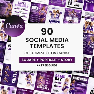 Purple cheerleading social media templates collage, sports team Instagram graphics bundle with modern bold design style
