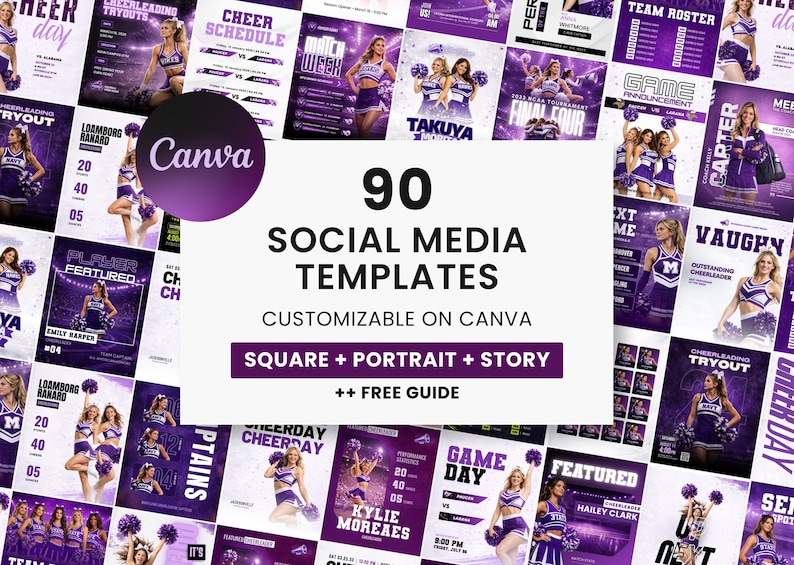 Purple cheerleading social media templates collage, sports team Instagram graphics bundle with modern bold design style