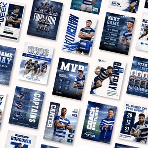 Puede incluir: Una colección de carteles promocionales para un torneo de rugby. Los carteles presentan fotos de jugadores en acción, logotipos de equipos y detalles del juego. La combinación de colores es principalmente azul y blanco, con tipografía audaz.