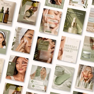 Peut inclure: Une collection de modèles pour réseaux sociaux dédiés aux soins de la peau, présentant des mises en page variées dans des tons verts doux et neutres. Les designs incluent des textes comme Skincare, AM Essentials et Clay Mask, avec des images de sérums.