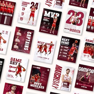 Op de afbeelding: Een verzameling basketbalposters in bordeauxrood en wit. Elke poster toont spelersafbeeldingen, teamroosters, wedstrijdschema's en spelersstatistieken. De posters zijn ontworpen voor promotionele doeleinden.