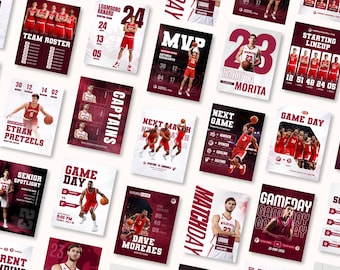 May include: A collection of basketball-themed posters with a maroon and white color scheme. Each poster features player images, team rosters, game schedules, and player statistics. The posters are designed for promotional use.