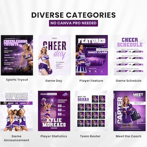 Cheerleading Canva templates categories including game day, player stats, team roster, tryouts, coach introduction, and schedule posts