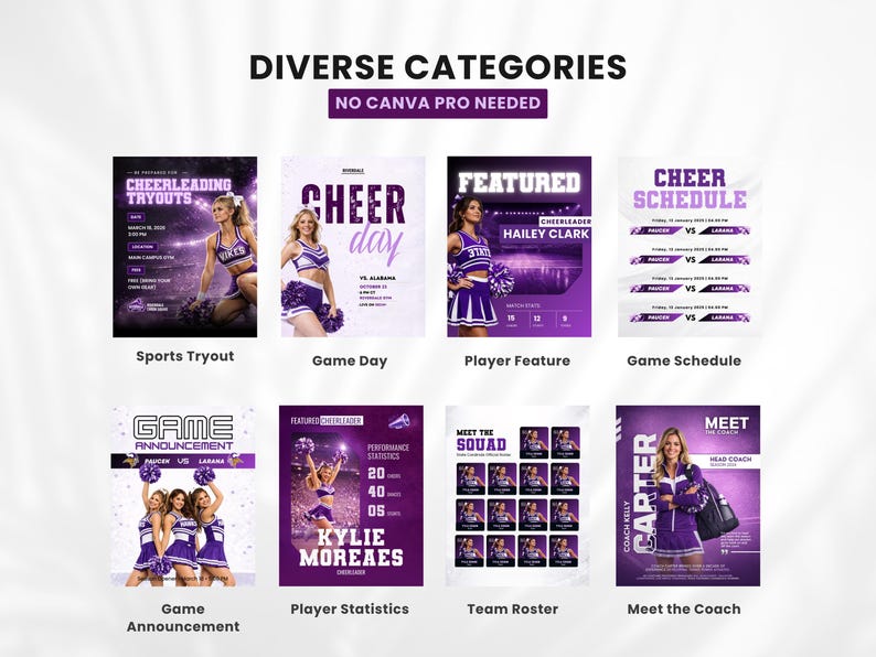 Cheerleading Canva templates categories including game day, player stats, team roster, tryouts, coach introduction, and schedule posts