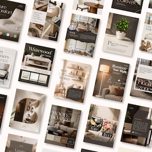May include: A collection of interior design magazines with various titles, including "Pure Comfort," "Whitewood Tea Table," and "The Art of Corners." The magazines feature images of furniture and home decor, with text such as "HOME" and "MOOD BOARD."