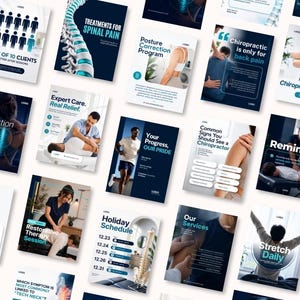 Peut inclure: Une collection de modèles pour réseaux sociaux destinés à une clinique chiropratique, avec des tons bleus et blancs, des textes superposés et des images sur la santé vertébrale, la posture, les ajustements et les horaires de vacances.