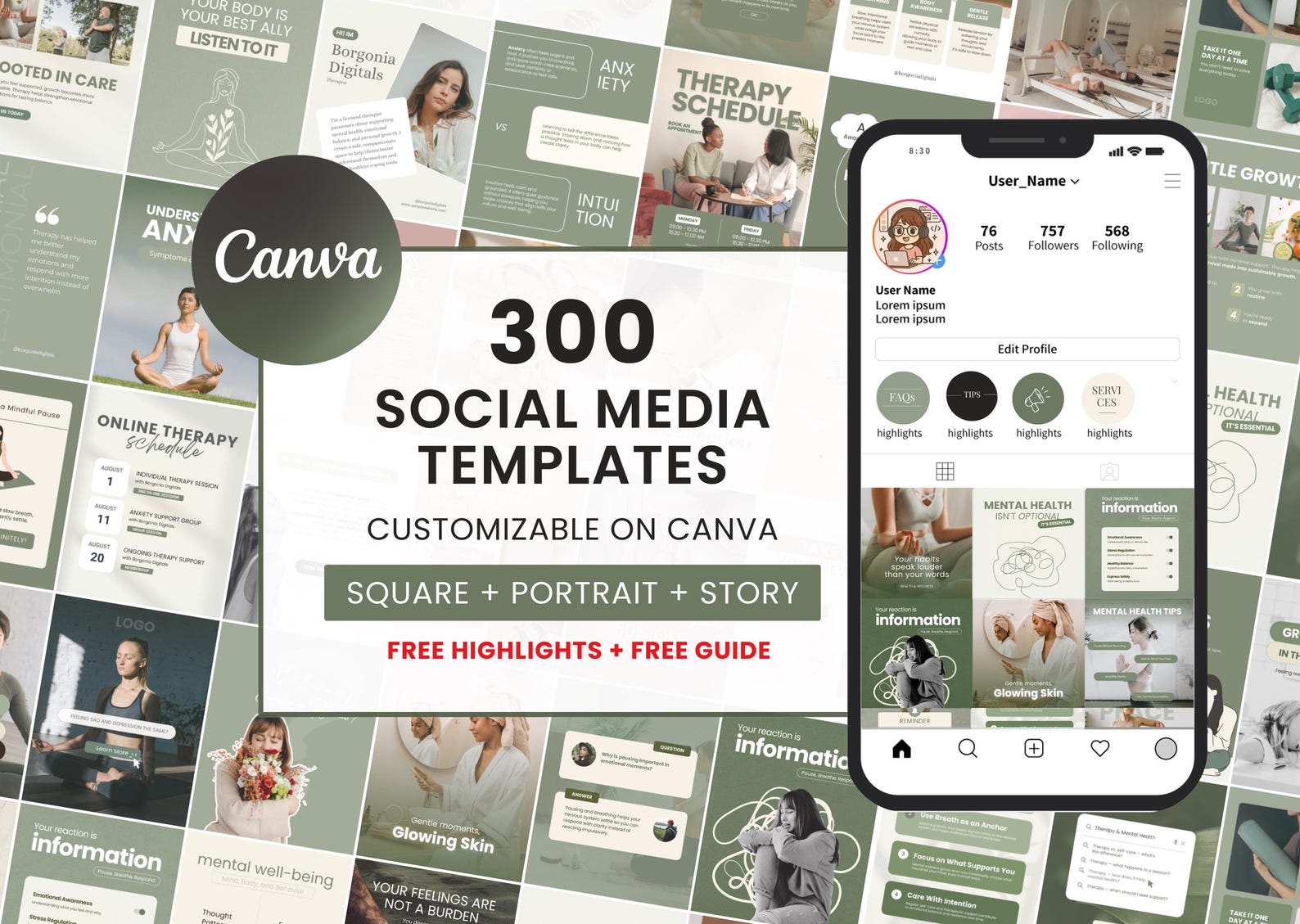 Therapist Instagram Templates for Psychologist Mental Health Coach ...