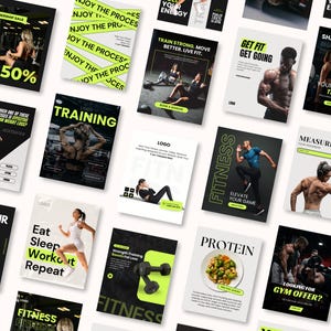 May include: A collection of fitness-themed promotional posters with black, white, and neon green accents. The posters feature images of people working out, text like "Training," "Get Fit," and "Protein," and offers like "-50%" off.