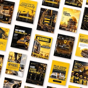 May include: A collection of rectangular construction-themed marketing flyers featuring a consistent yellow and black color scheme. Each flyer displays various imagery of building sites, heavy machinery, and architectural projects with bold text.