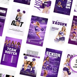 Cheerleading Instagram story templates Canva, vertical sports graphics for tryouts, game day, and team promotions in purple theme