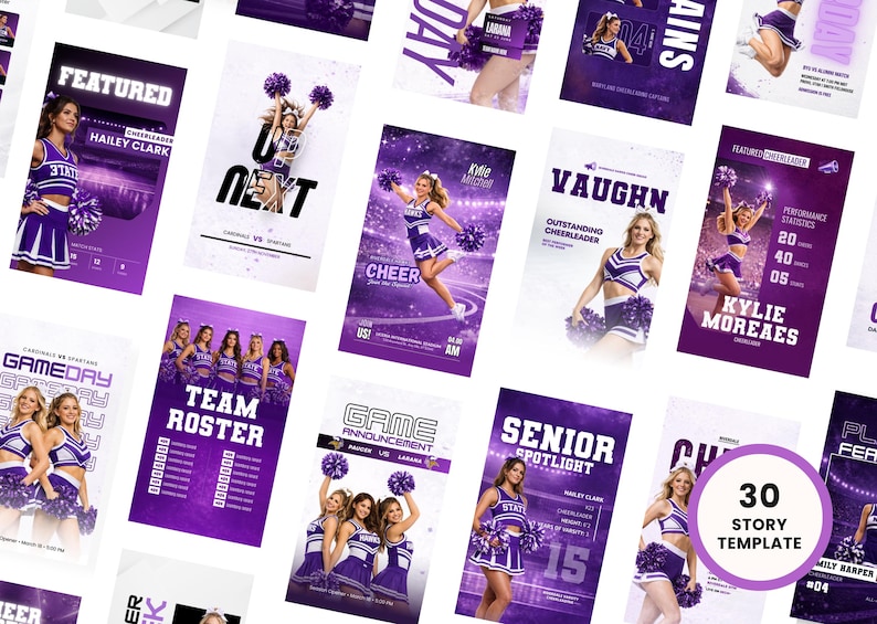 Cheerleading Instagram story templates Canva, vertical sports graphics for tryouts, game day, and team promotions in purple theme