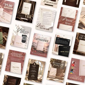 Puede incluir: Una colección de plantillas de marketing digital para libros, con varios diseños y superposiciones de texto como Book Talk, Spotlight Cartographer y Recommended Reading Pair, mostradas en una cuadrícula de diseños gráficos en tonos neutros y cálidos.