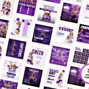 Square cheerleading social media templates for Instagram, sports team Canva graphics including roster, featured player, and match posts