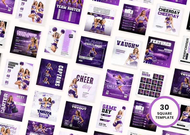 Square cheerleading social media templates for Instagram, sports team Canva graphics including roster, featured player, and match posts