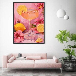 Pink Hibiscus Lemonade Drink Art | Summer Cocktail Digital Print | Refreshing Lemon Drink Floral Art |Summer Drink Printable