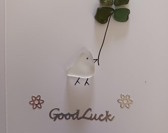 Tarjeta de felicitación de buena suerte con cristales marinos. Aves. Mis mejores deseos. Diseño hecho a mano y personalizado. Costa del Reino Unido.