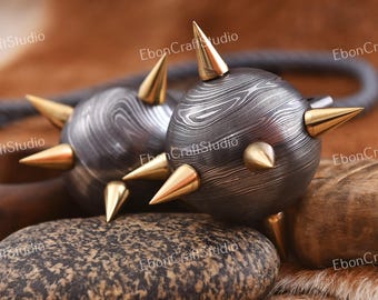 Handmade Damascus Steel Orb with Brass Spikes - Desk Decor