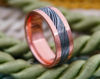Men’s Damascus Steel & Copper Inlay Wedding Band | Handmade Ring in Different Size Unique Forged Pattern Ring | Anniversary or Gift for Him