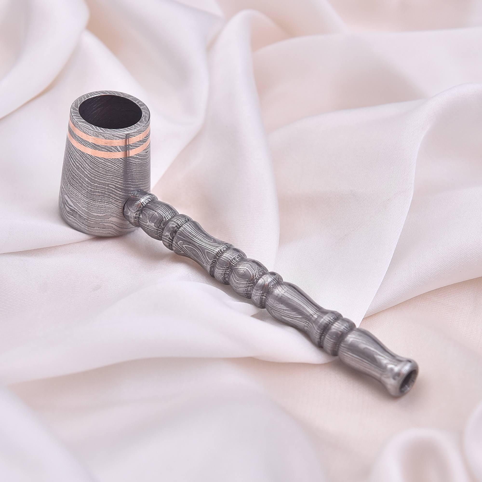 Handcrafted Damascus Steel Smoking Pipe with Copper Inlay – Unique Collectible Tobacco Pipe | Gift for Him , Gift for Her