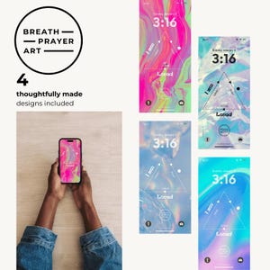 May include: Four phone screen designs with a pink, blue, and purple abstract background. The designs feature a triangle with the text "I am" at the top, "Loved" at the bottom, and "3:16" at the top center.