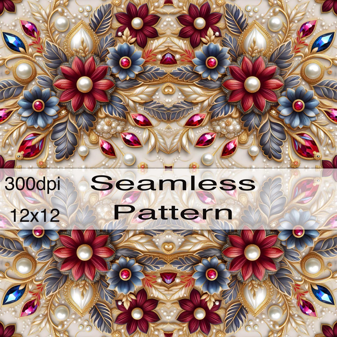 Jewel Floral Seamless Pattern: 3D Faux Embroidery Digital Paper (12x12 ...
