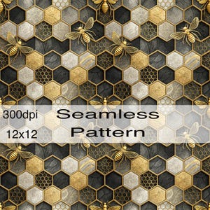 以下が含まれることがあります： 金色の蜂とハニカムデザインのシームレスパターン。パターンには、金、グレー、黒の色合いの六角形が含まれています。「300dpi」、「12x12」、「Seamless Pattern」の文字が表示されています。