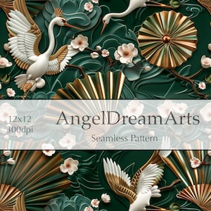 Puede incluir: Diseño de patrón sin costuras con grullas blancas, abanicos dorados y flores de cerezo sobre un fondo verde oscuro. Se muestra el texto "AngelDreamArts" y "Seamless Pattern". Las dimensiones de la imagen son 30.5x30.5 cm a 300 ppp.