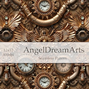 Luxury Steampunk Seamless Pattern, 3D Embossed Bronze Gears, Golden Pipes & Metallic Wings Design