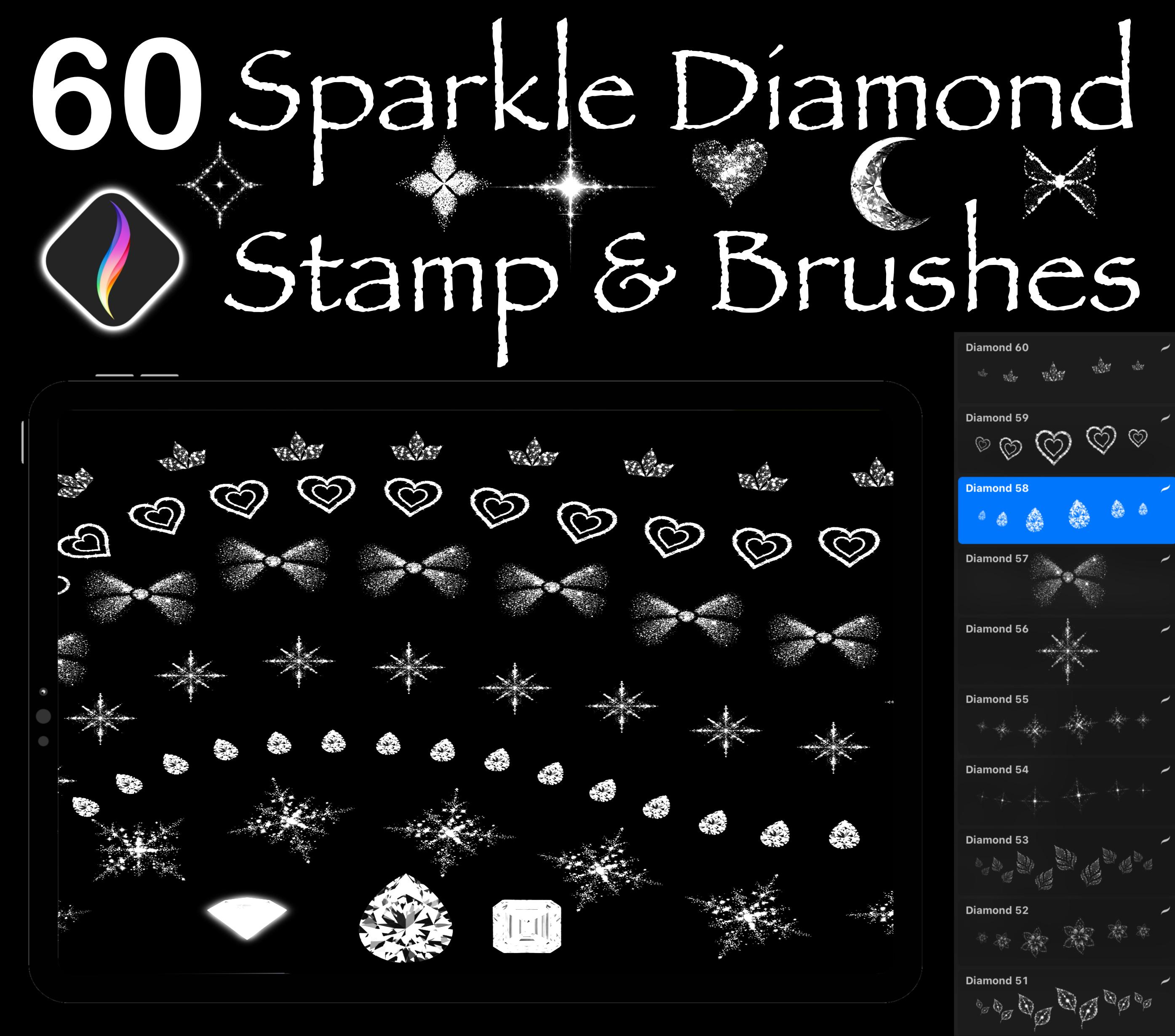Kit com 60 carimbos e pincéis Procreate Diamond Sparkle – Cristais, corações, estrelas, laços e mais | Download digital instantâneo