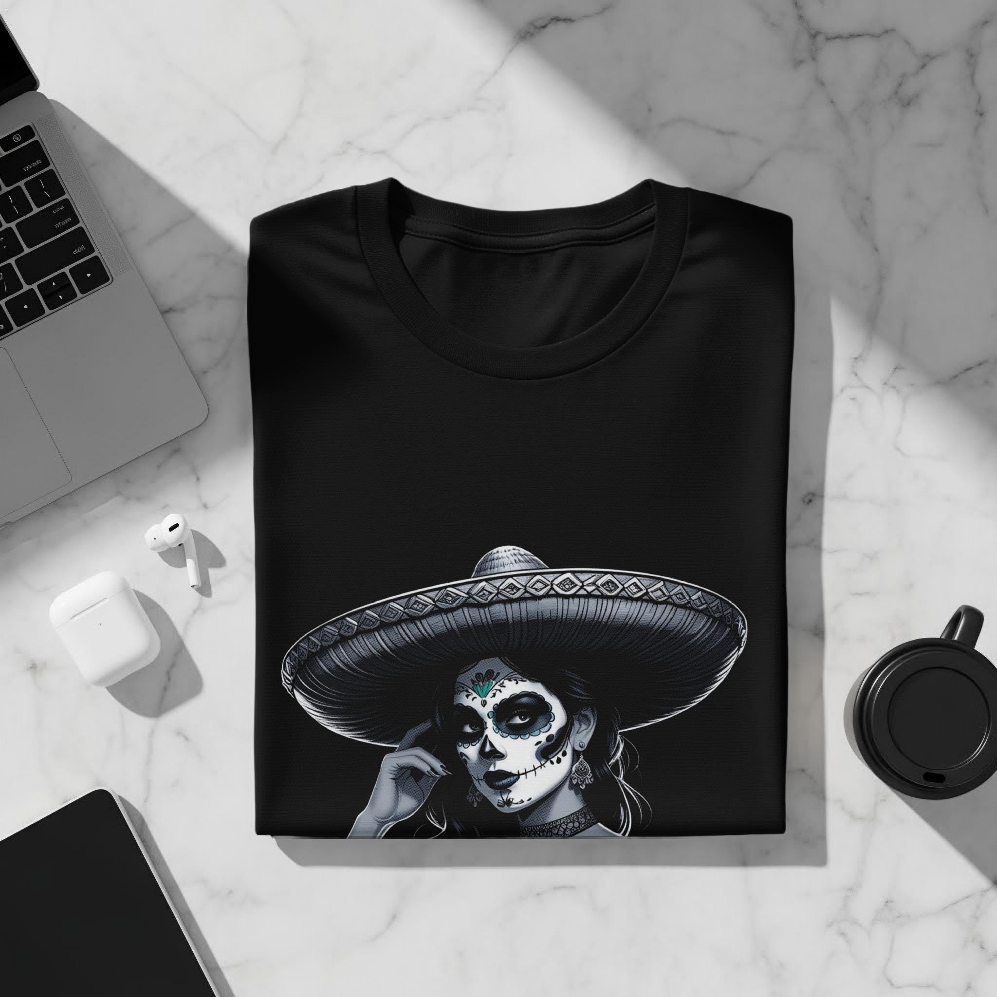Neverless Maglietta Donna Sugar Skull Dia De Los Muertos, Teschio Con Fiori, Slim Fit, 100% Cotone, Nero - 2