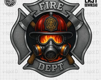 May include: A digital design featuring a firefighter's helmet, gas mask, and axes, set against a Maltese cross. The design includes the words "FIRE DEPT" and "COMMERCIAL USE PRINT FILES". The color palette includes red, black, and gray.