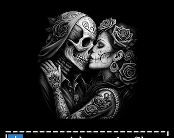 Day of the Dead Kiss Art, Gothic Sugar Skull Couple (Digital Download)