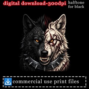 May include: A digital graphic of a wolf head split into two halves: one side is black with intricate filigree and skull patterns, the other is white with red claw marks. The wolf wears a spiked metal collar and has glowing orange eyes. Text reads: digital download-300dpi halftone for black and commercial use print files.