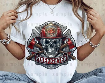 May include: White t-shirt featuring a graphic of a firefighter's helmet, skull, and crossed axes. The design includes the word "FIREFIGHTER" in red. The helmet is red with a silver emblem.
