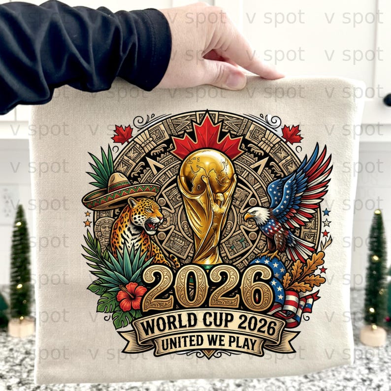 2026 World Cup emblem with trophy, eagle, jaguar, maple leaf, and "UNITED WE PLAY".