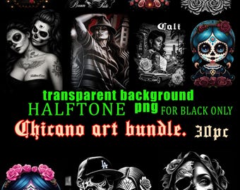 Könnte beinhalten: Eine Sammlung von Chicano-Kunstbildern im Halbton-PNG-Format mit transparentem Hintergrund. Die Bilder zeigen Zuckerschädel, Porträts und den Text "Brown Pride", "Cali", "Chingona" und "Chicano art bundle. 30pc". Die Kunst ist in Schwarzweiß mit Farbakzenten.