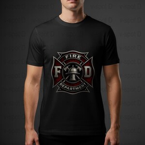 Fire Department T-Shirt, Black Graphic Tee, Firefighter Emblem Design, Casual Wear, Men's Fashion Shirt, Gift for Firefighters