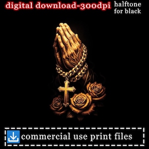 Praying Hands Digital Download, Gold Cross Roses Art, 300dpi Halftone Black, Commercial Use Print Files