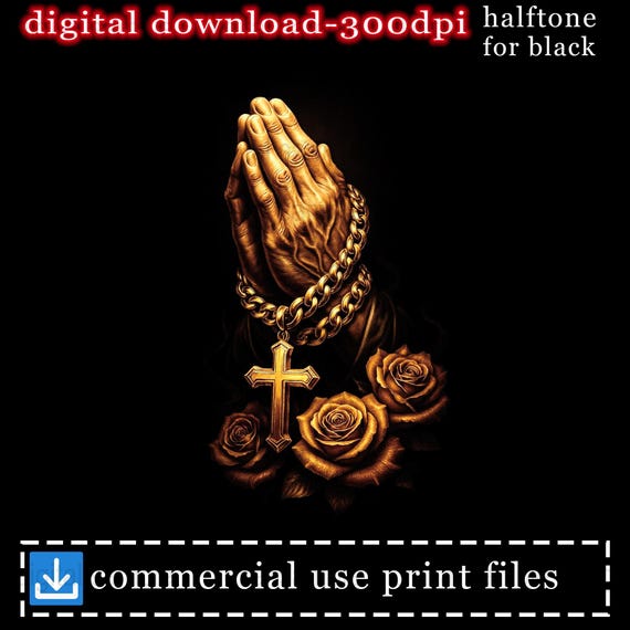 Praying Hands Halftone Design, Roses Cross (Digital Download)