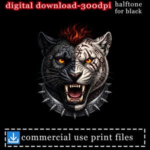 Puede incluir: Un gráfico de descarga digital con una cabeza de pantera dividida, ojos naranjas, cresta roja y collar de pinchos. El lado izquierdo es negro con patrones florales, el derecho es blanco con marcas geométricas. Texto: digital download-300dpi halftone for black y commercial use print files.