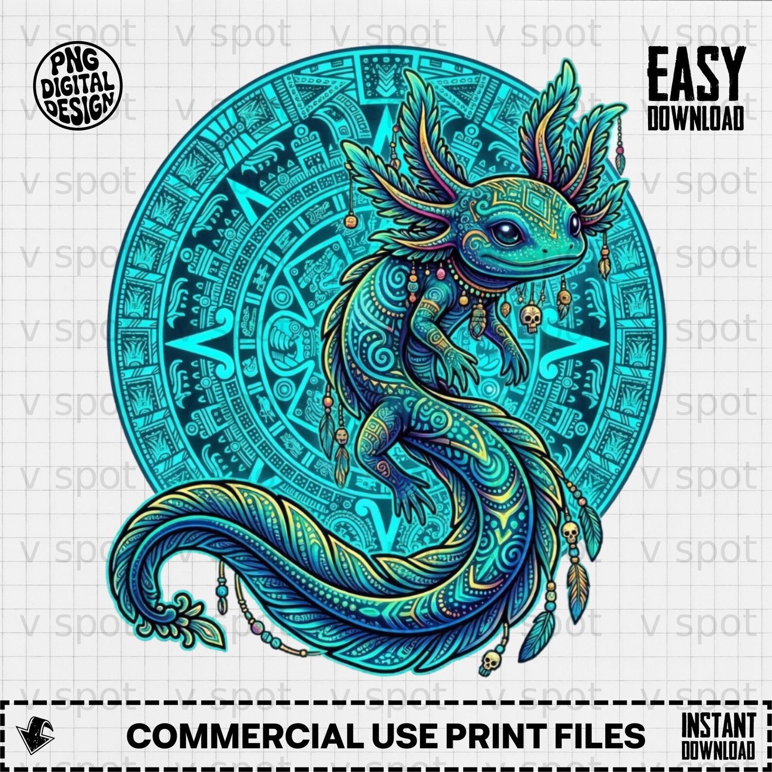 Aztec Axolotl Print, Mystical Mesoamerican Calendar Art (digital ...