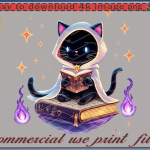 May include: A digital illustration of a black cat wearing a white hooded cloak, reading a book. The cat sits atop a stack of books, with purple flames and star accents. Text at the top reads "easy to download 4k image png" and at the bottom "commercial use print files."