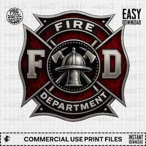 Könnte beinhalten: Ein rot-silbernes Feuerwehrabzeichen mit den Worten "FIRE DEPARTMENT" und den Buchstaben "F" und "D". Das Design hat die Form eines Malteserkreuzes, mit einem Helm und Äxten in der Mitte. Der Text "PNG DIGITAL DESIGN" befindet sich in der oberen linken Ecke.