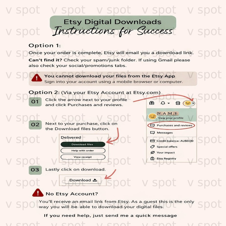 Instructions for Etsy digital download success with numbered steps.