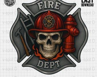 May include: A digital design featuring a skull wearing a red firefighter helmet, set against a gray Maltese cross. The design includes a fire hydrant, a ladder, and the words "FIRE DEPT". The design also includes the text "COMMERCIAL USE PRINT FILES" and "INSTANT DOWNLOAD".