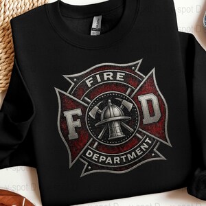 Fire Department Sweatshirt, Vintage Firefighter Emblem Crewneck, Distressed Print Fireman Gift, Soft Black Pullover for Men and Women