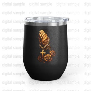 Gothic Prayer Hands Tumbler, Black Stainless Steel Cup, Christian Cross and Rosary Design, Religious Drinkware Gift