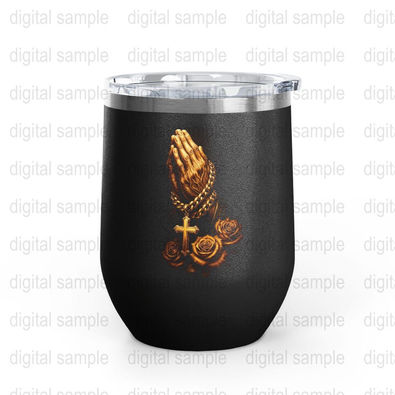 Gothic Prayer Hands Tumbler, Black Stainless Steel Cup, Christian Cross and Rosary Design, Religious Drinkware Gift
